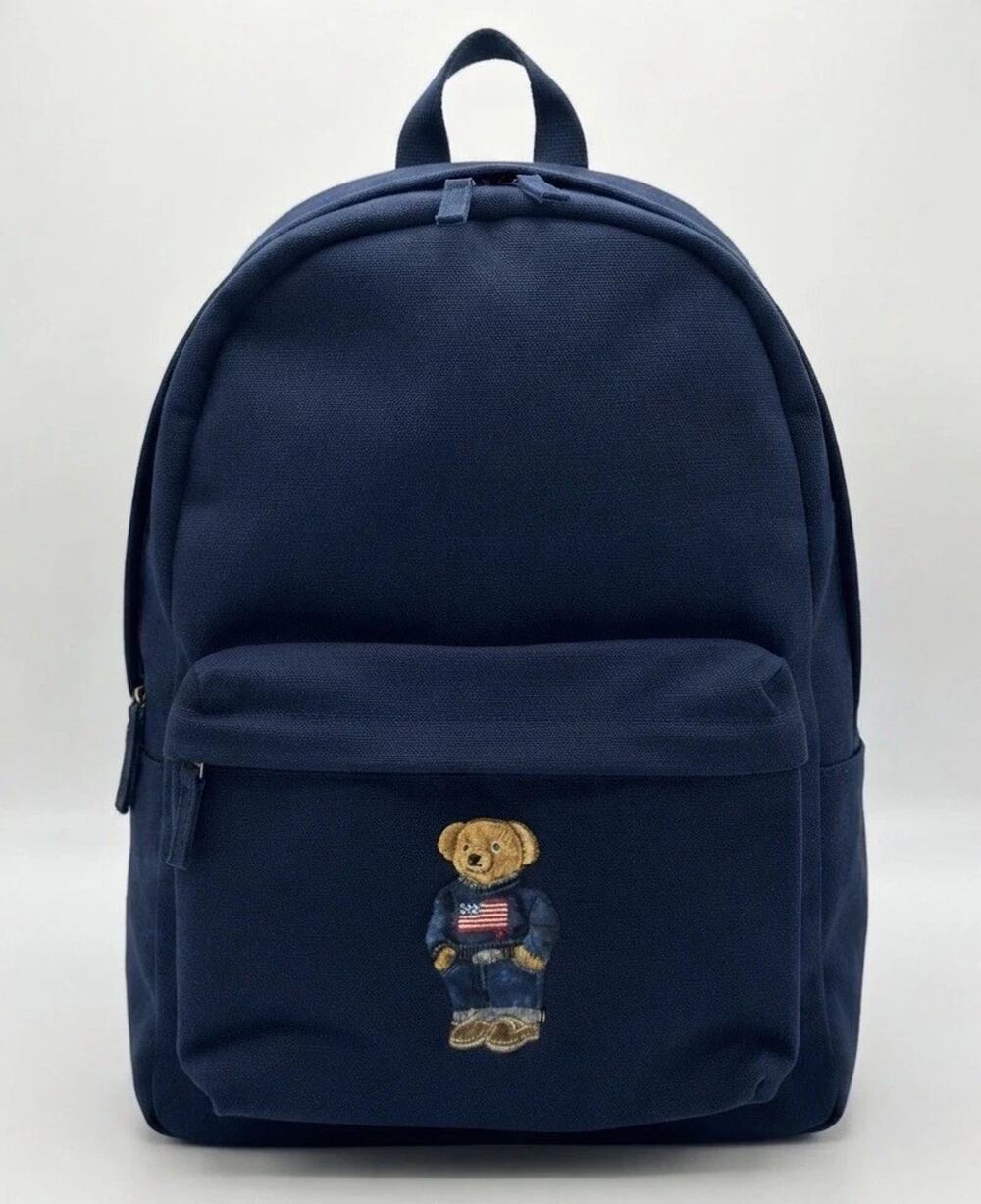 Polo Ralph Lauren School Backpack Bear Logo Navy Blue Laptop Pocket Backpack NWT